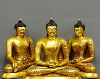 A set of exquisite and rare gilt copper and engraved patterns of Three Jewels Buddha statues handmade from Chinese antiques