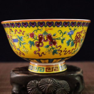 Chinese antique hand-painted exquisite rare yellow-ground famille rose eight-treasure figure goblet bowl ornament