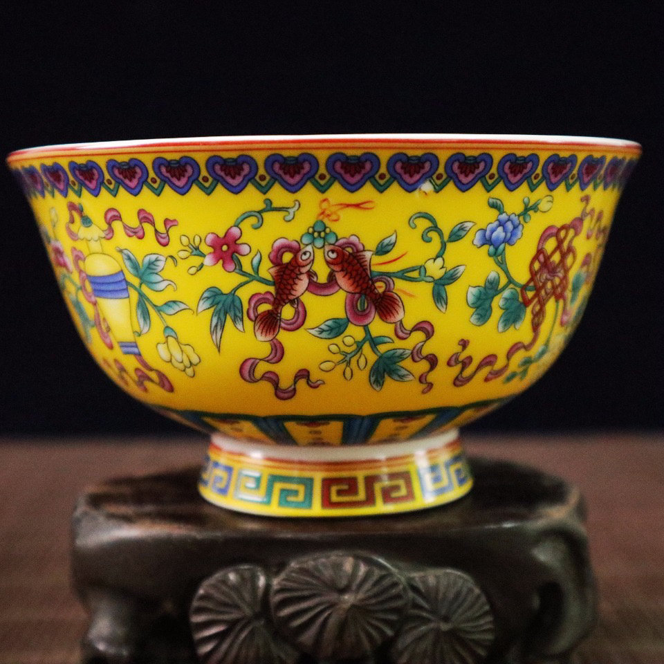 Chinese antique hand-painted exquisite rare yellow-ground famille rose eight-treasure figure goblet bowl ornament