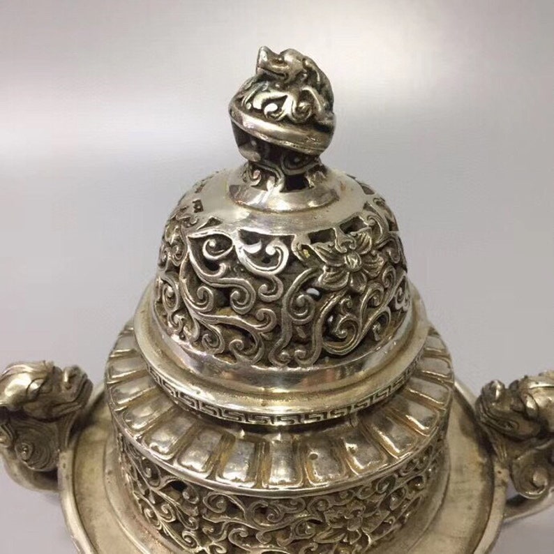Chinese antique Tibetan silver hand carved ancient incense burner