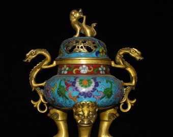 Collection Chinese copper gilt Cloisonne Hand-made Dragon Incense burner censer 
