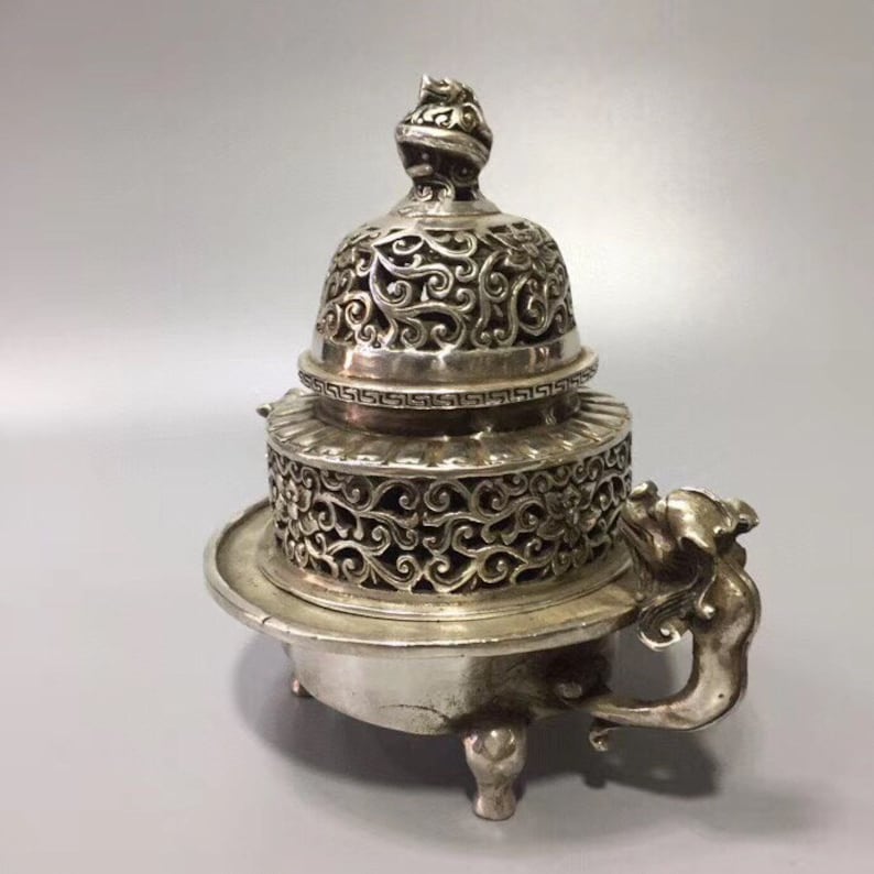 Chinese antique Tibetan silver hand carved ancient incense burner