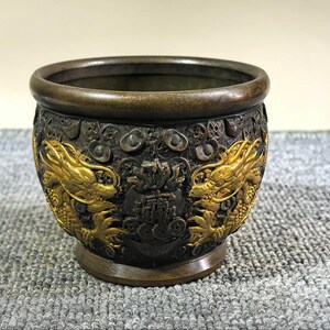 Utsökt handgjord antik kopparfärgad dubbel drake-skattkruka-prydnad från Kina