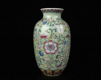 Exquisite and rare plum green enamel winter melon vase ornament with Chinese antique hand painting