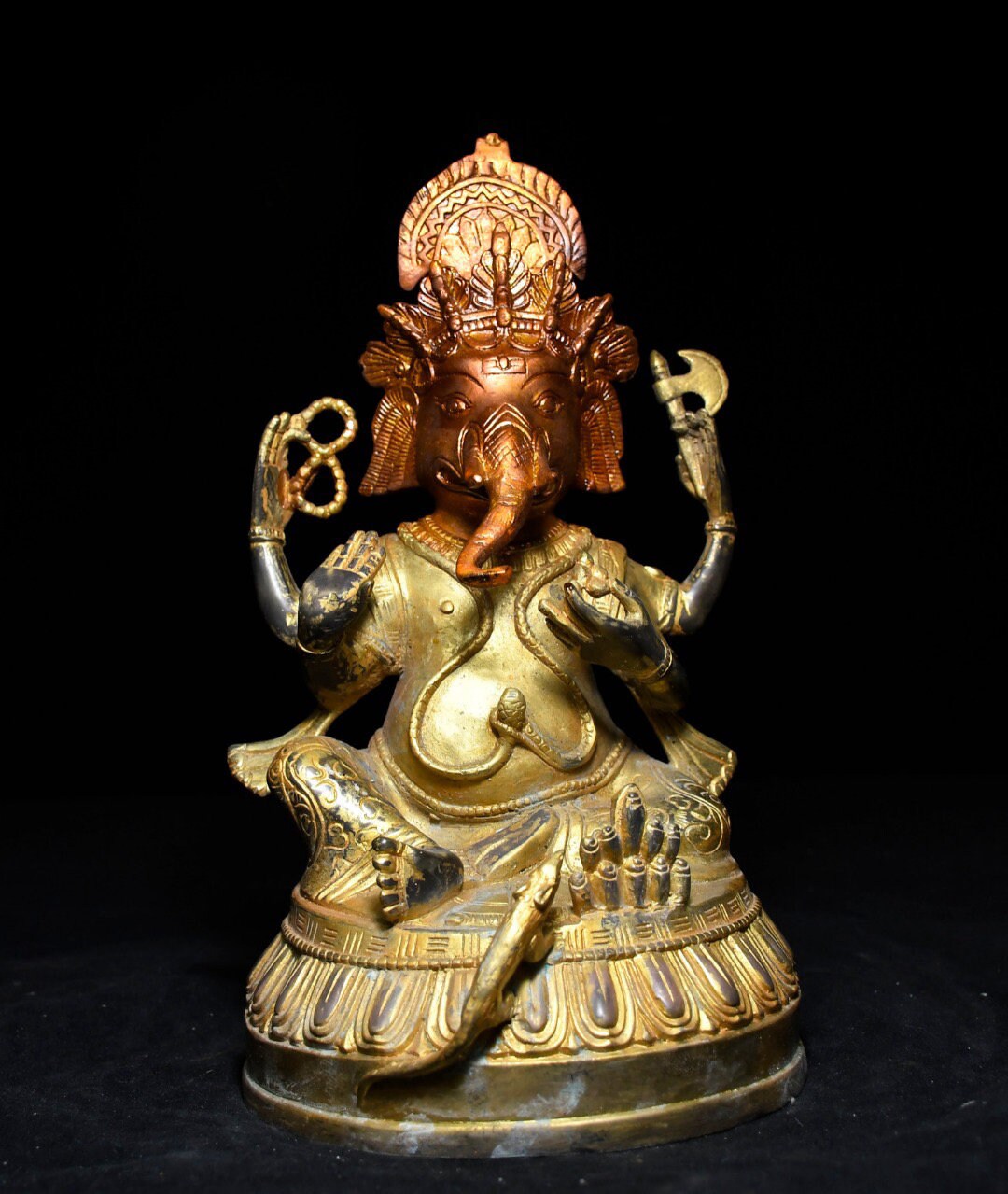 Exquisite and Rare Gilt Bronze Elephant Trunk God of Wealth Buddha