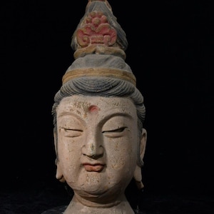 Chinese antique pure hand-carved exquisite rare wood carving cinnabar painted Guanyin Buddha head Buddha statue ornaments