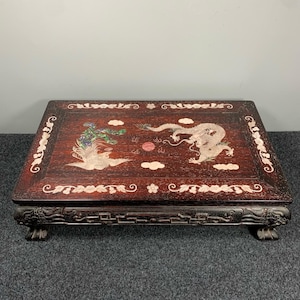Chinese antique pure hand-carved large exquisite rare rosewood inlaid shell dragon and phoenix auspicious tea table kang table ornaments