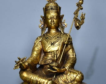 Utsökt handgjord antik kinesisk brons med inläggningar av ädelstenar, med Buddha-statyn av Mästare Lianhua