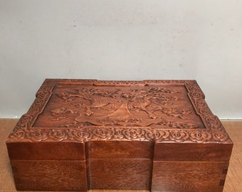 Chinese antique hand-carved large rosewood unicorn pattern lid box ornament