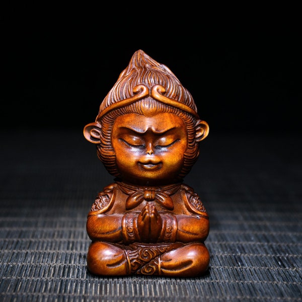Chinesischer antiker handgeschnitzter Affenkönig aus Buchsbaum. Affenkönig-Kunsthandwerksstatuendekoration