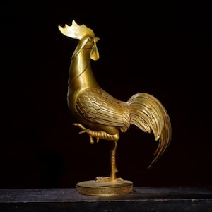 Chinese antique handmade exquisite rare pure copper gilded golden rooster independent statue ornaments