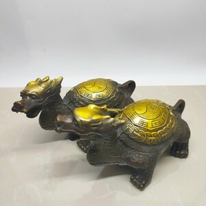 A pair of exquisite and rare pure copper gilt dragon turtle statues handmade by Chinese antiques
