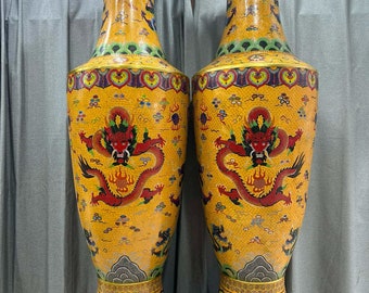 Chinese antique hand crafted pair of huge exquisite rare copper body cloisonné enamel cloisonné nine dragon vases