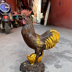 Chinese antique pure hand-made exquisite rare copper gilt fortune ingot rooster statue ornaments