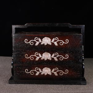 Adornos de caja multicapa portátiles con incrustaciones de caoba, antiguos, chinos, tallados a mano, exquisitos y raros