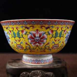 Chinese Antique Hand Painted Exquisite Rare Yellow Ground Pastel Flower Pattern Bowl Ornament