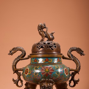 Chinese antique cloisonné enamel incense burner ornament with animal-shaped knob and dragon-shaped handle, handcrafted.