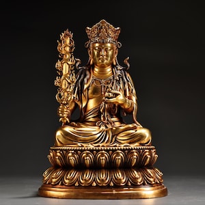 Chinese antique handmade exquisite rare pure copper gilt sword holding Bodhisattva Buddha statue ornaments