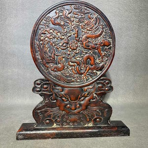 Chinese antique pure hand-carved exquisite rare rosewood dragon and phoenix auspicious screen ornaments