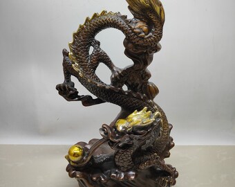 Chinese antique collection exquisite and rare pure copper gilt dragon playing with beads statue ornaments