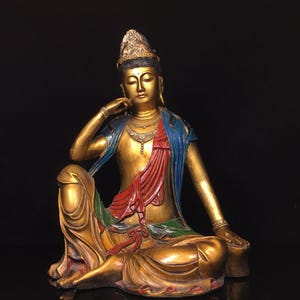 Chinese antique pure hand-made exquisite rare pure copper painted free Guanyin Bodhisattva Buddha statue ornaments