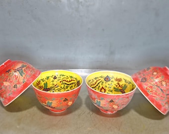 中国の骨董品から、精巧な手作りの龍と鳳凰の模様があしらわれた鉢飾り一式。