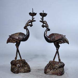 Chinese antique handcrafted exquisite rare pure copper cinnabar crane incense candlestick ornaments