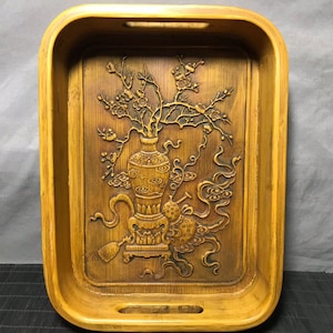 Chinese Antique Hand Carved Exquisite Rare Bamboo Carved Flower Pot Pattern Round Tea Tray Ornament