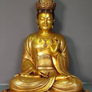 Chinese antique pure handmade large exquisite rare copper gilt full work engraved Guanyin Bodhisattva Buddha statue ornaments