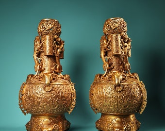 A pair of exquisite and rare pure copper high relief chiseled and carved gilt panlong vase ornaments made by Chinese antiques