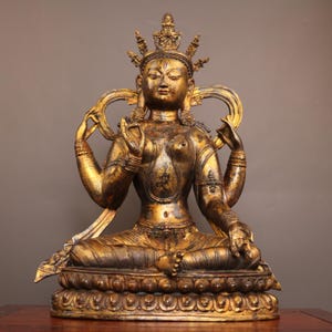 Chinese antique pure hand-made exquisite rare large pure copper four-armed Guanyin Bodhisattva Buddha statue ornaments