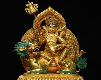 Squisita statuetta antica cinese in bronzo dipinto, preziosa e realizzata a mano, raffigurante Buddha.