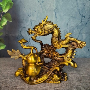 Chinese antique pure handmade exquisite rare pure copper gourd dragon auspicious cloud dragon statue ornaments