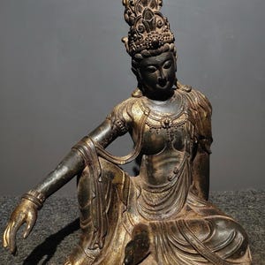 Chinese antique pure hand-made exquisite rare pure copper cinnabar free Guanyin Bodhisattva Buddha statue ornaments