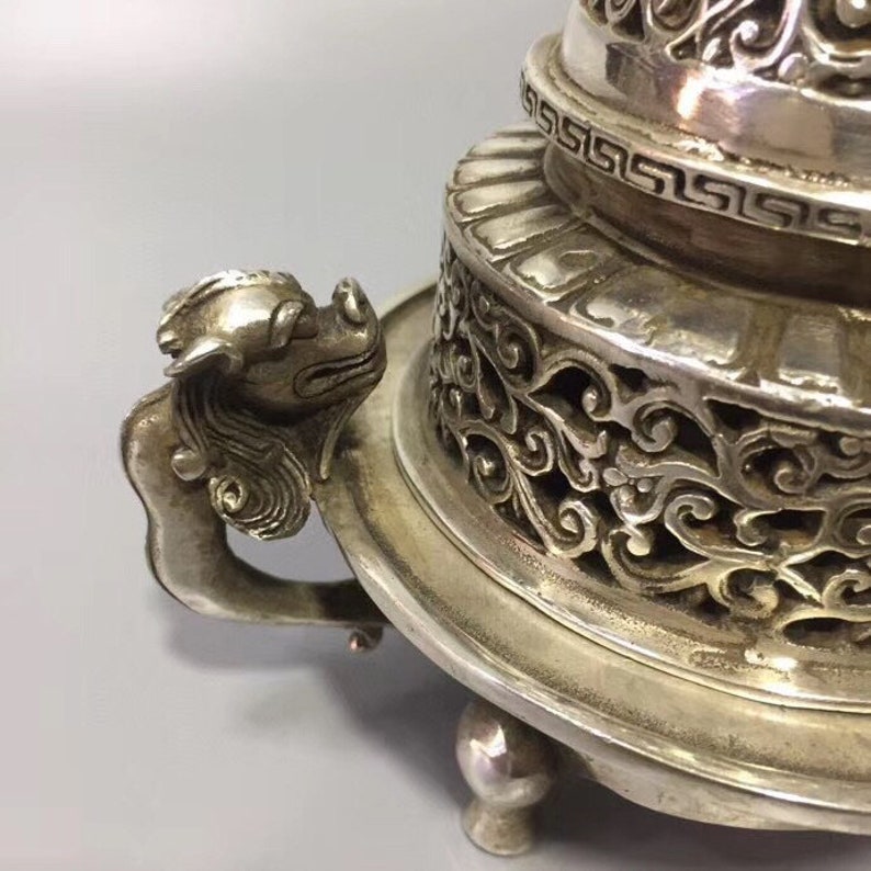 Chinese antique Tibetan silver hand carved ancient incense burner