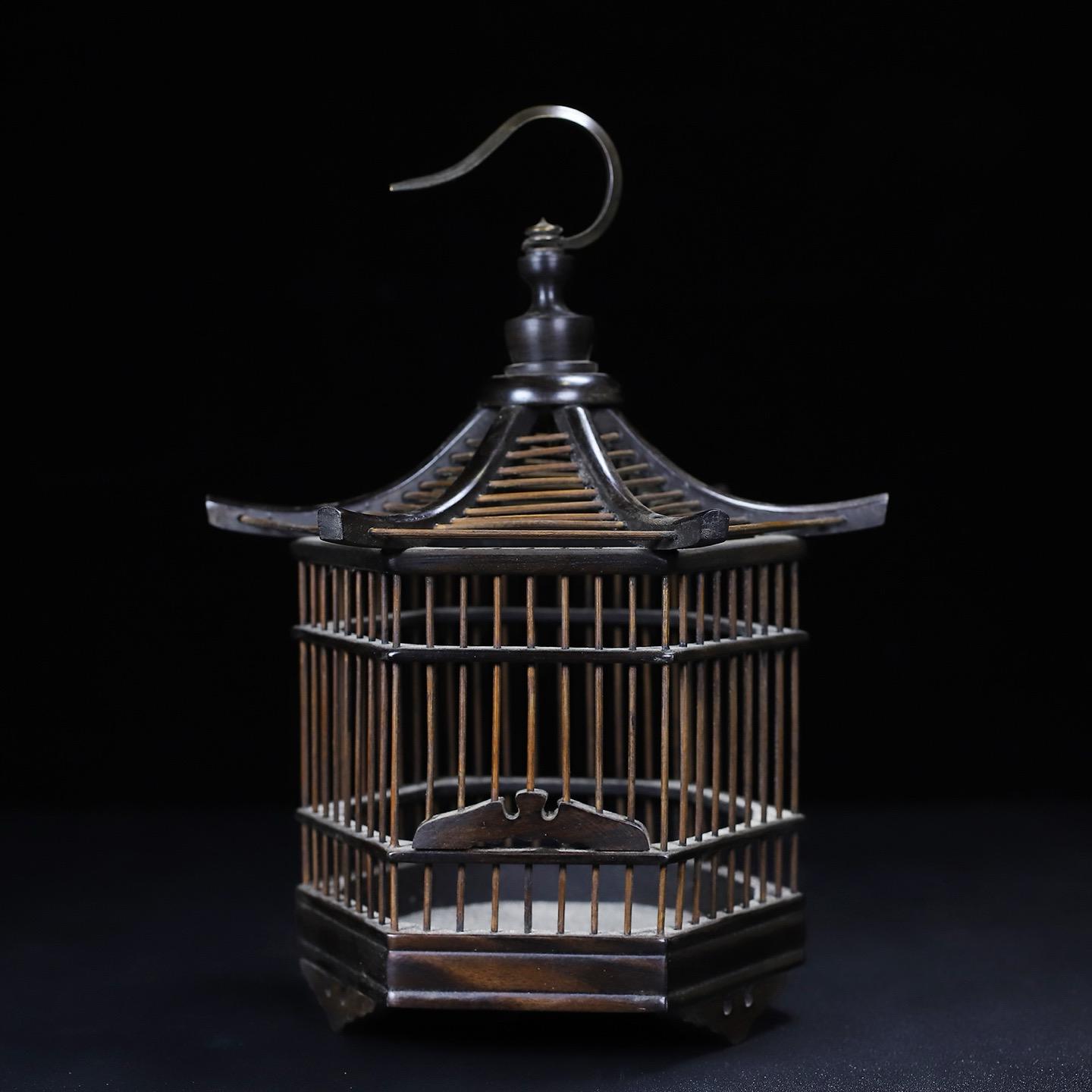 Chinese antique handmade carved exquisite rosewood hexagonal pavilion grasshopper cage ornament