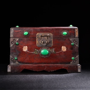 Chinese antique collection rosewood hand-carved inlaid gem box