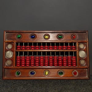 Chinese antique pure hand-carved exquisite rare rosewood solid wood inlaid with gemstones, silver coins, red turquoise abacus ornaments
