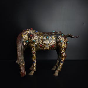 A rare and exquisite Chinese antique handcrafted bronze inlaid gemstone drinking horse statue ornament