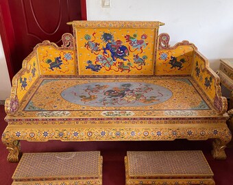 China Collection Handcrafted Huge Copper Cloisonne Lion Rolling Hydrangea Arhat Bed, Collection Value