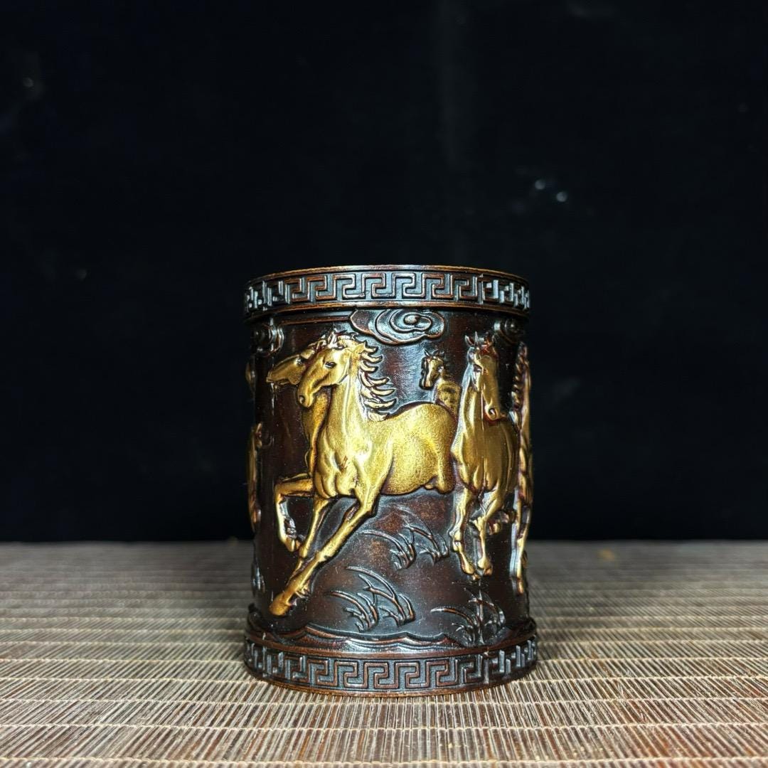 古銅器古古古古真鍮馬頭鈴小懸品古古品古物件を模造します 希少で精巧な中国のアンティーク手作り純銅レリーフ8頭の馬の