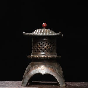 Chinese antique handmade exquisite rare pure copper rubbing gold pavilion incense burner ornaments