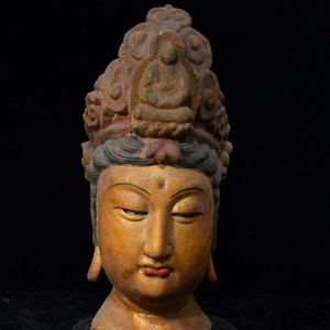 Chinese antique pure hand-carved exquisite rare wood carving cinnabar painted Guanyin Buddha head Buddha statue ornaments