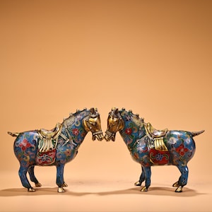 A pair of exquisite and rare Chinese antique handmade gilt bronze cloisonne enamel horse statues