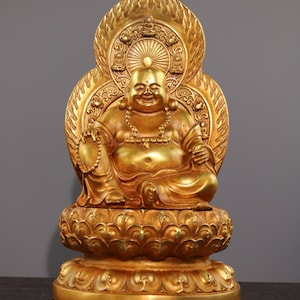 Chinese antique handmade exquisite rare pure copper gilded Maitreya Buddha statue ornaments