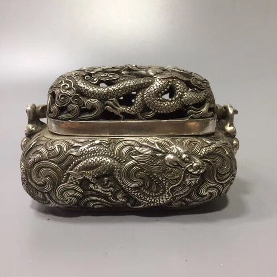 Collectible Vintage Tibet Silver carve myth dragon phoenix Old rare Tobacco Box 