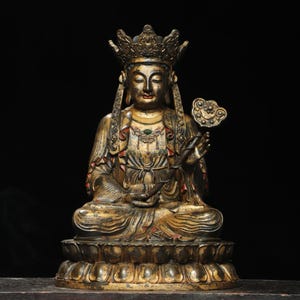 Chinese antique pure hand-made exquisite rare pure copper gilt Manjusri Bodhisattva Buddha statue ornaments