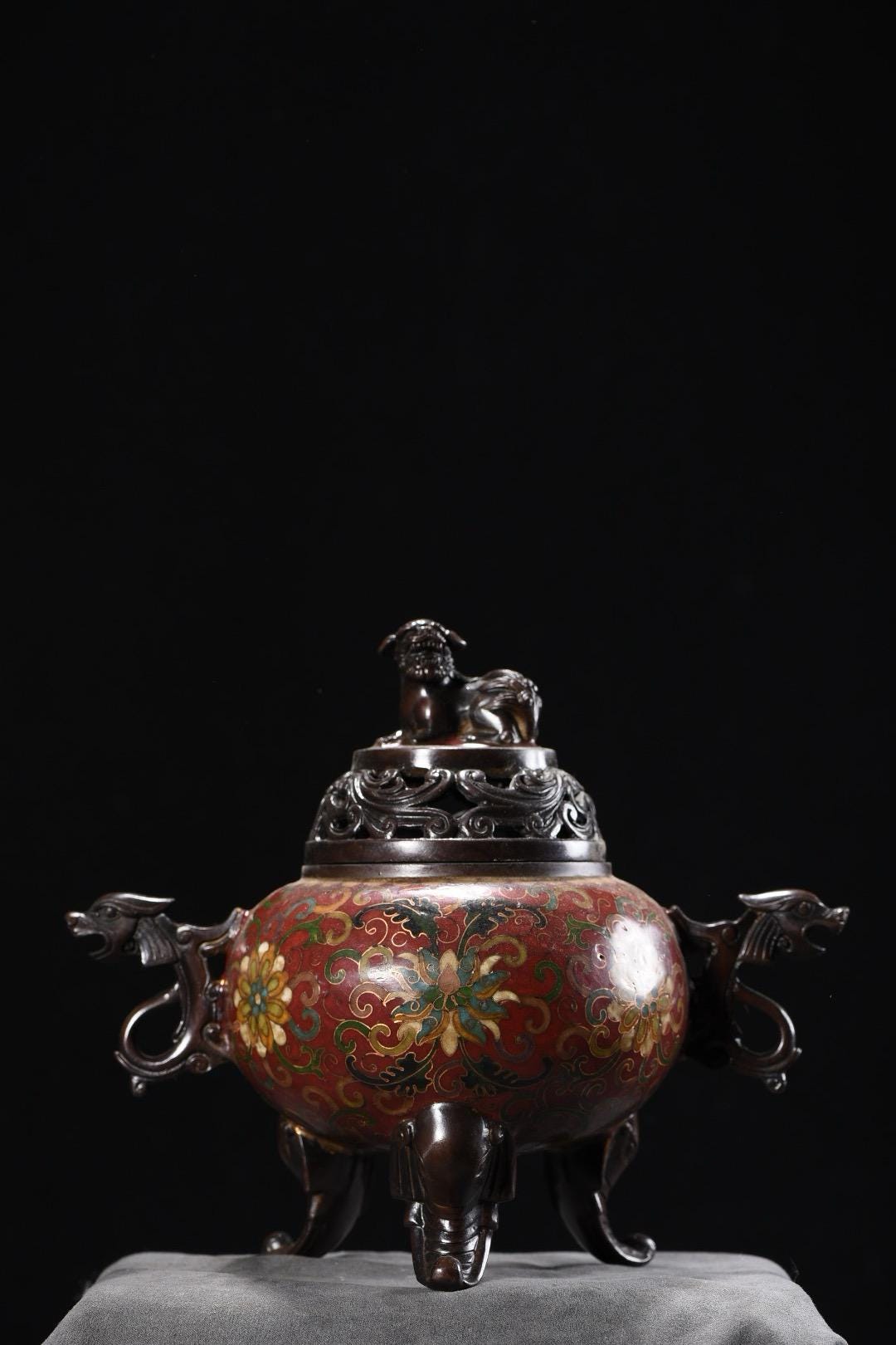 Chinese antique handmade exquisite rare pure copper cloisonne animal button three-legged incense burner ornaments