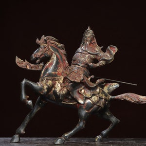Antique Copper Guan Gong Statue: Chinese Warrior on Horse