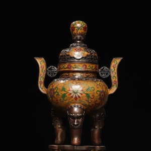 Chinese antique pure hand-made exquisite rare pure copper cloisonné enamel lotus incense burner ornaments